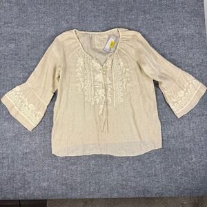 Karyn Seo Peasant Blouse Womens L Beige Embroidered Linen Top Bell Sleeve Boho